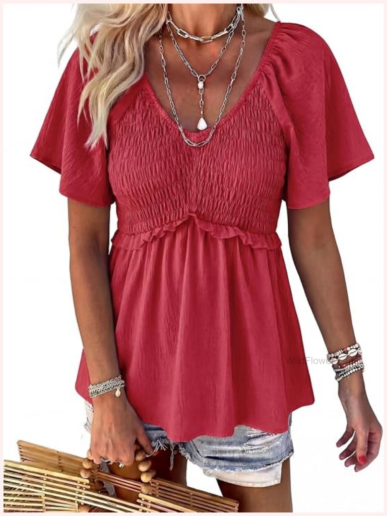 Peplum Blouse Ruffle Trim Short Sleeve V Neck Smocked Dressy Casual Top